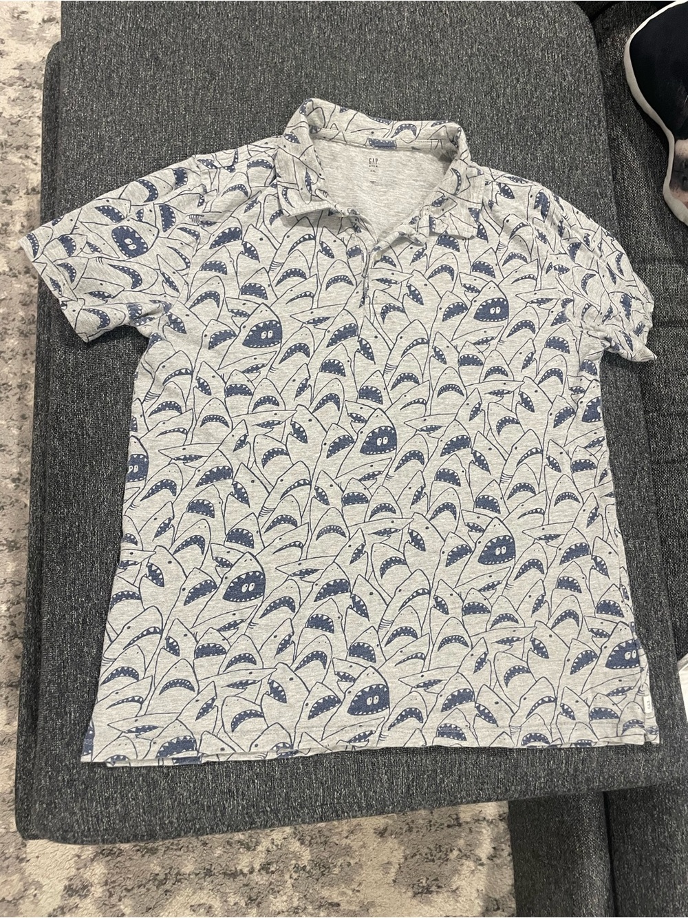GAP XXL Boys Cotton Polo: Gray Heather with Navy Shark Print